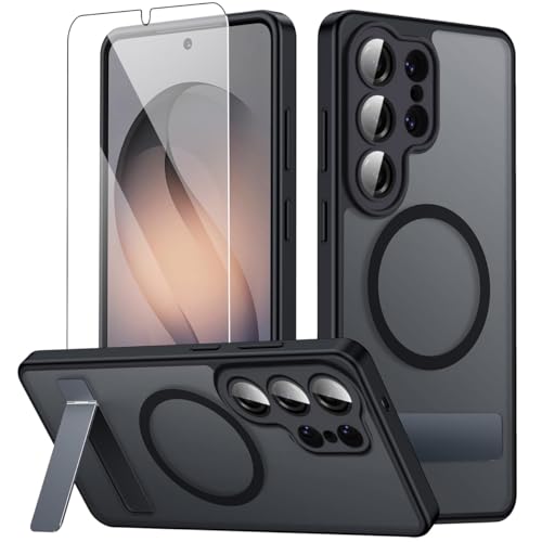 Magnetic for Samsung Galaxy S26 Ultra Case with Stand and Screen Protector & Camera Protector,Galaxy S 26 Ultra Case Compatible with MagSafe,Matte Translucent Shockproof Slimi Phone Case -Black