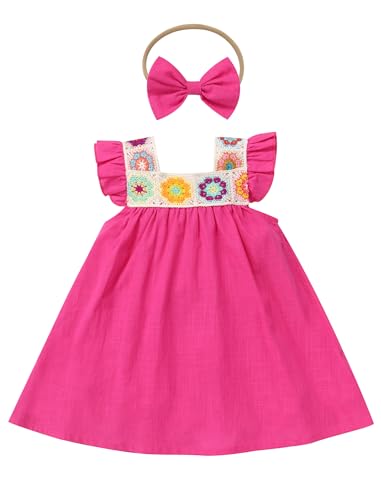 AWIBMK Baby Girls Mexican Flower Embroidered Dress Flutter Sleeve Summer Boho Floral Cinco de Mayo Dresses Outfits Hot Pink 6-9 Months