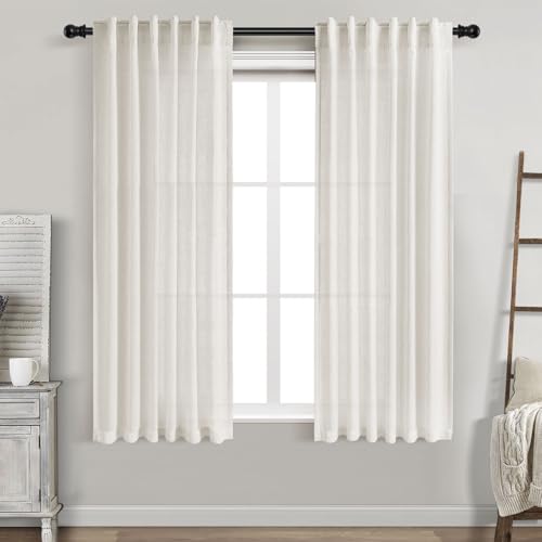 Image of Cream Linen Curtains 63 Inches Long for Bedroom Back Tab Light Filtering Privacy Sheer Curtains Modern Farmhouse Coastal Decor Cream Cotton Textured Gauze Curtain for Bathroom 2 Panel Set 42x63