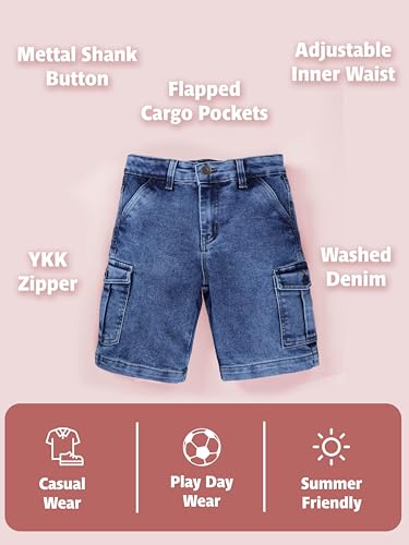 Image of KiddoPanti Boys Knee Length Cargo Denim Shorts with Flap Pockets & Button Closure Casual Wear
