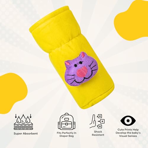 Image of Soft Plush Stretchable Baby Feeding Bottle Cover Easy to Hold Strap with Cute Animated Cartoon| Suitable for 60-125 Ml Feeding Bottle (Yellow-Light Blue)