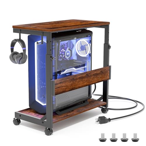 Höhenverstellbarer Computer Tower Ständer mit 2-stöckigem ATX-Gehäuse，bodenstehender Computerständer, Druckerständer mit Stauraum, feststellbare Rollen, passend für die meisten Computer (Dunkelbraun）