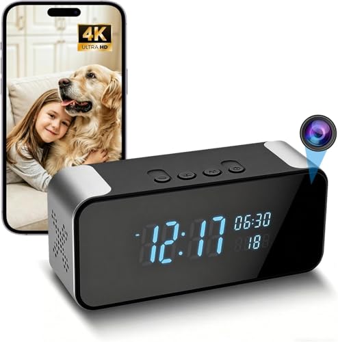 Clythern 4K Hidden Camera Alarm Clock with Bluetooth, WiFi Wireless Nanny Cam for Home Security with Night Vision, Motion Detection, Remote Live Stream