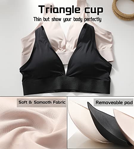 Knowyou Women's Seamless Plunge Bra Deep V-Neck Wireless Comfort Bra Unlined Triangle Bras Stretch Bralettes for Women, Black+Beige Pack, M - Image 7