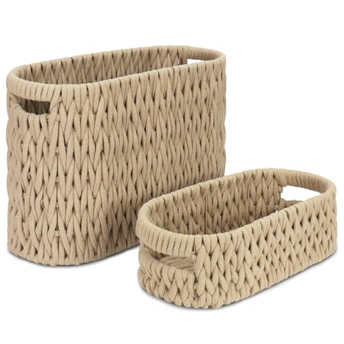Boho Toilet Paper Storage Baskets, Cotton Rope Woven Bathroom Basket Set of 2, Standing Toilet Paper Holder for 6 Mega Rolls,Storage Bins for Toilet Tank Top, Bathroom Organizer Decor (Brown 2 Pack)