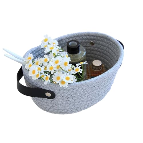 Kamuavni Small Storage Organizer Cute Cotton Rope Basket Bins with Handles Small Woven Basket for Keys/Makeup Baby Girl Nursery Baskets Empty Gifts Baskets 9.1x7.1x4 inch-Grey