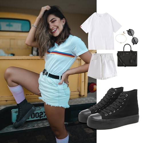 Image of FRACORA Womens High Top Canvas Shoes White Black Platform Sneakers Lace Up Shoes for Women