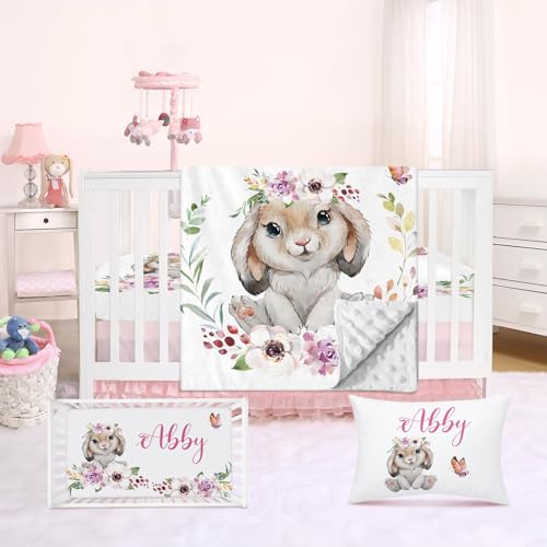 Rucekia Personalized Crib Bedding Set for Baby Boy Girl, Custom Name Rabbit Design 3 Piece Baby Bedding Set, Including Plush Blanket, Fitted Sheet and Pillowcase for Newborn Nursery Gift