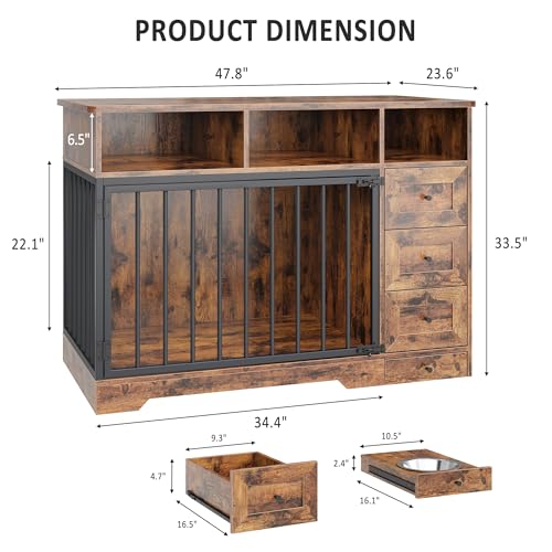 48'' Dog Crate Furniture, Farmhouse Dog Kennel Furniture with Dog Bowl & Storage Drawers, Heavy Duty Dog Cage End Table for Medium Small Dogs, Retro Brown
