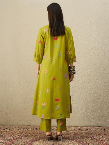 INDO ERA Women Rayon Viscose Floral Embroidered A-Line Kurta With Pant Set/Co-Ord Set