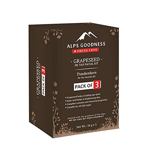 Alps Goodness Grapeseed De-Tan Facial Kit – Pack Of 3 (34 G X 3) – Helps Fade Age Spots & Sun Damage, Imparts Skin Brightness – Cruelty Free
