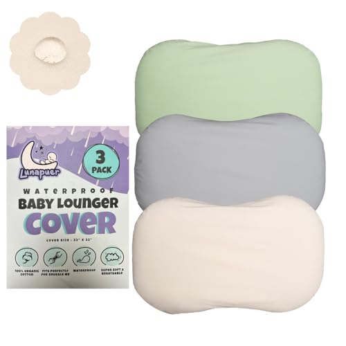 Image of 100% Waterproof Baby Lounger Cover - 2-Ply Organic Cotton Slipcovers Keep Your Lounger Clean & Your Baby Comfy - Machine Washable - (Lounger Not Included) - 3-Pack Includes Gray, Off-White & Sage