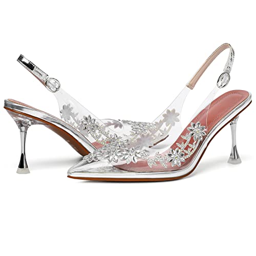 Image of AUMOTED Women's Clear Mule Sandals Pointed Toe Slingback Heels Rhinestone Heels Pumps Wedding Shoes