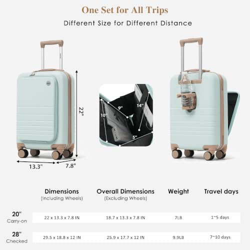 Image of 20 Inch Checked Suitcase with TSA Lock Travel Duffel Bag Wet-Dry Toiletry Bag, Green Front-Opening