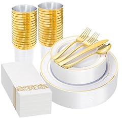 200pcs White and Gold Plastic Dinnerware