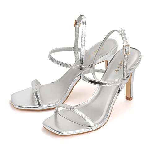 Women's Strappy High Heeled Sandals Open Toe Ankle Strap 3-Inch Heel Comfy Dress Shoes For Weddings,Emma-Silver Pu-8 #TOP5