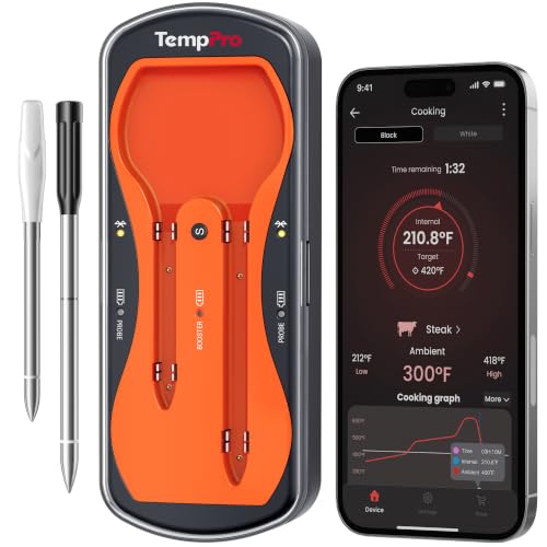 Image of TempPro 500ft Wireless Meat Thermometer for Cooking, Long & Short Colored Probes Bluetooth Meat Thermometer for Kitchen Oven Smoker, Rechargeable Meat Probe for Backyard Grill