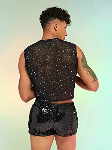 WDIRARA Men's 2 Piece Outfit Rhinestone Sequin Lace Mesh Crop Tank Top and Shorts Set2