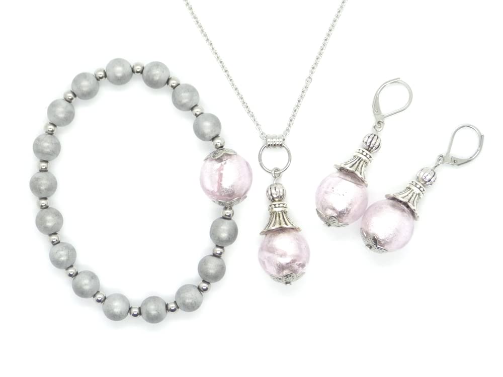 Conjunto de joyería pendientes, collar y pulsera en acero inoxidable, hematites y cuentas de cristal de Murano rosa