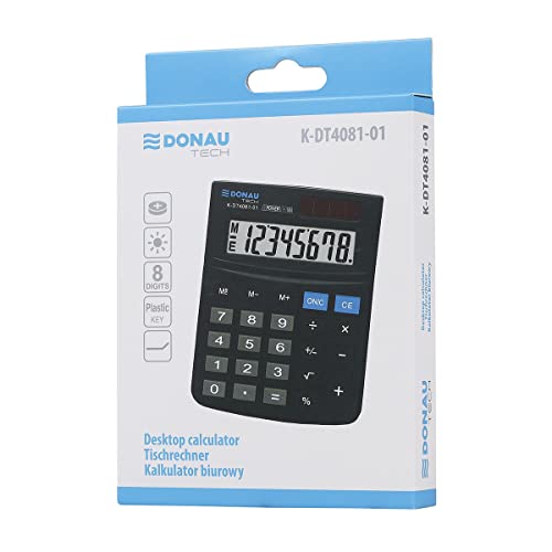Tischrechner DONAU TECH/ K-DT4081-01 8-Stellig Wurzelfunktion/ 134x104x17mm/ Farbe: Schwarz/ Rechner mit 8-stelliger Anzeige/ Dual-Power Solar - Batteriebetrieb / Kompaktes Design