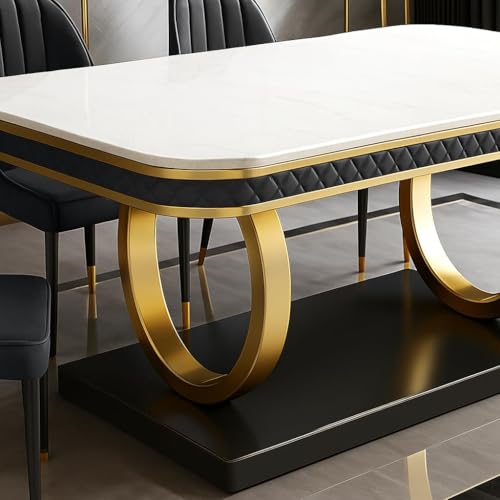 Image of 6-Seater Dining Table with Nano Composite Marble Top and PVC Golden Wooden Base |2yr Warranty - Includes 6 Fabric Upholstered Chairs (Grey, White Nano Composite Marble Top)
