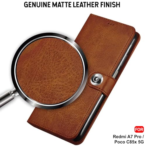 Image of TheGiftKart Genuine Leather Finish Flip Back Cover Case for Mi Redmi A7 Pro /Poco C85x 5G / C81 | Inbuilt Pockets & Stand | Designer Button Magnet Flip Back Cover Case (Faux Leather, Brown)