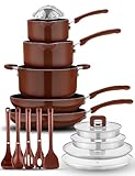 17-PIECE SET: NutriChef 17-piece nonstick cookware set includes 1.5Qt 3.1Qt sauce pot, 5Qt casserole, 3.7Qt saute pan, lids, 11inch fry pan, flower steamer, 2 wood trivet, stackable nylon utensil (spatula, pasta fork, spoon, slotted spoon, tool seat)...
