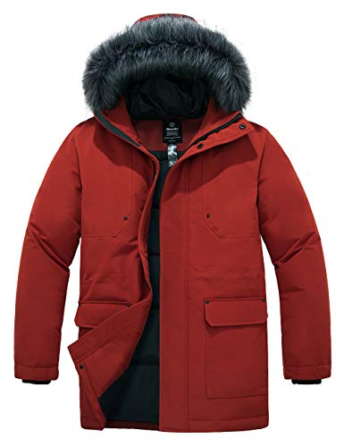CHIN·MOON Men's Thicken RDS Down Jacket Warm Winter Long Parka Coat Waterproof Puffer Jacket with Fur Hood Maple Red L