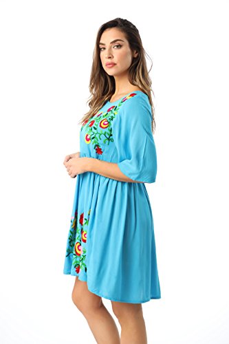 Riviera Sun 21824-Trq-S Rayon Crepe Short Dress With Multicolored Embroidery #TOP2