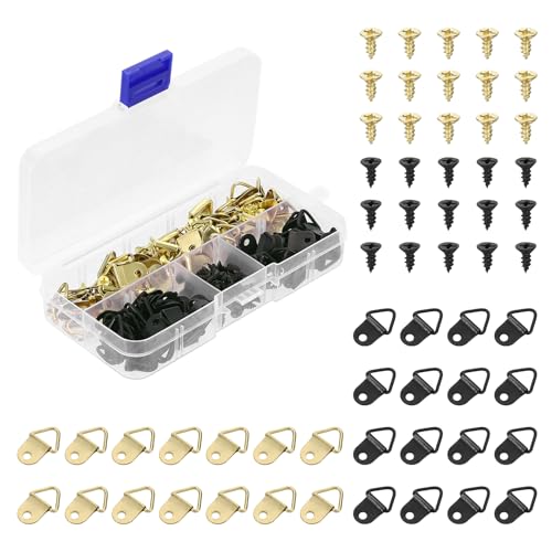 Image of uxcell 100Pcs Picture Hangers, Triangle Ring Picture Frame Hook, Frame Backing Fasteners with 100 Pcs Screws for Hanging Clock Paintings Pictures, Gold /Balck