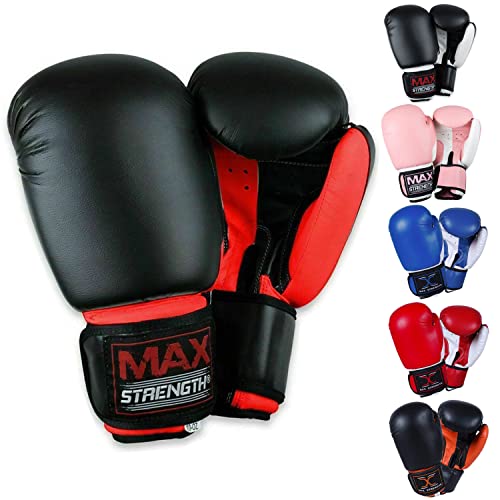 Image of Max Strength Boxing Gloves | Set in 12oz 10oz 8oz for Pro Sparring Kickboxing MMA Muay Thai | Extra Padded Protection for Men Women with Ventilated Palm (Black /Red 12oz)