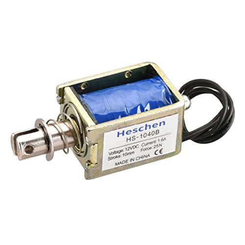Heschen Electroimán de solenoide, HS 1040B, DC12V 1.6A 25N, carrera de 10mm, cerradura de puerta de marco abierto tipo empujar y jalar