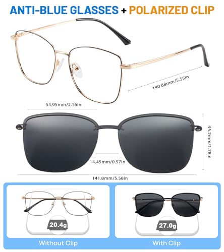 Image of Women's Large Blue Light Blocking Glasses plus Magnetic Sunglasses Clip, Easy to Switch to Shades for Driving