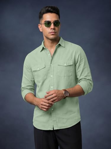 Image of Veirdo Men's Pure Cotton Utility Shirt | Full Sleeve Casual Button-Down with Dual Chest Pockets | Stylish & Comfortable Everyday Wear | Colors: Beige, Black, Maroon, Olive, Rust & White