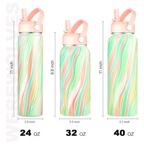 WEREWOLVES Personalized Insulated Water Bottle with Paracord Handle Straw Lid & Spout Lid, Vacuum Stainless Steel Wide Mouth Water Bottle for Adults (Stripes-Green Powder, 40oz)