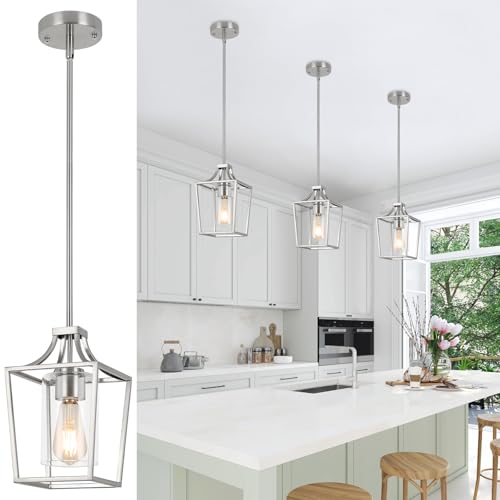foucasal Brushed Nickel Lantern Pendant Light Fixture Pendant Lights for Kitchen Island with Clear Glass Shade, Adjustable Height Rods Pendant Lighting for Dining Room Kitchen Foyer Hallway