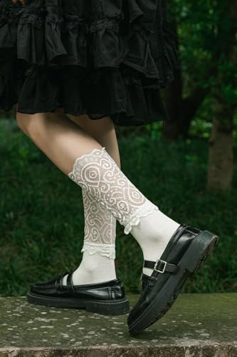 Image of Womens Lace Cotton Socks Transparent Mesh Ruffle Dress Calf Socks
