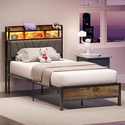 image for Welzona Twin Bed Frames with Headboard, LED Lights Bed Frames with Cha