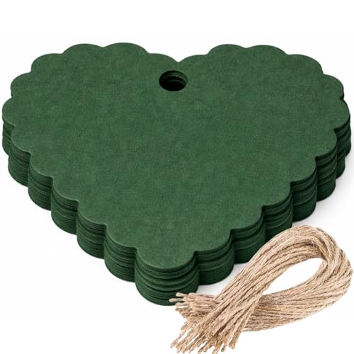 Image of CVANU (50-PCS) Decorative Heart Shape Color Paper Tags & Finish Cut Hole for Hanging with Jute Rope for Gift & DIY Crafts| Message Note| Labeling & Writable (2.16x2.36inch) Dark Green