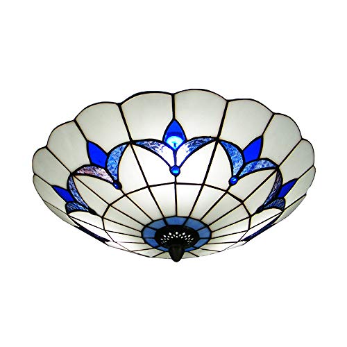 BAYCHEER HL298682 Tiffany Style Ceiling Fixture Flush Mount Ceiling Light Mediterranean Glass Shade Lamp Semi Flush Mount Light use 3 E26 Light Bulbs Blue and White