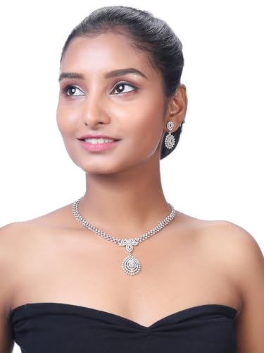 Image of ASMITTA Cubic Zirconia CZ Studded Rhodium Plated Necklace Set | Jewelery for Women Girls Ladies | Wedding Party Festive A-NS073