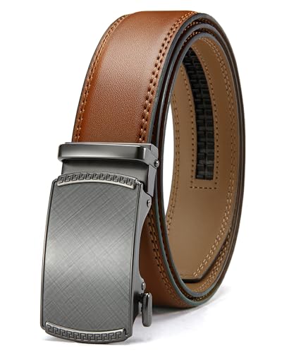 Image of Chaoren Leather Ratchet Belt 2 Pack Dress with Click Sliding Buckle 1 3 /8 inch in Gift Set Box - Adjustable Trim to Fit