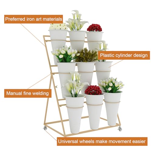 Chariot à plantes mobile robuste en fer forgé avec 12 seaux pour extérieur