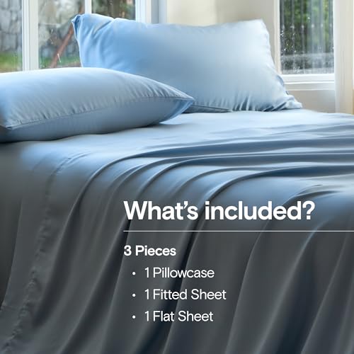Image of DOZ Sheet Set, 100% Viscose derived from Bamboo, Organically Grown, Buttery Soft, Cooling Sheets, High GSM, Deep Pockets - 3 Piece - 1 Pillowcase 1 Fitted Sheet 1 Top Sheet (Sky, Twin)