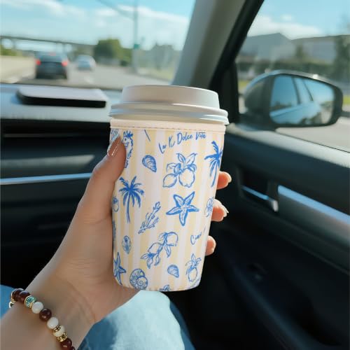 Image of Reusable Insulated Sleeve for Iced Coffee Cup, Coffee Neoprene Sleeve for Cold & Hot Drinks, Beverage Holder for Iced Coffee (Coastal Blue, Small: 16-18oz)