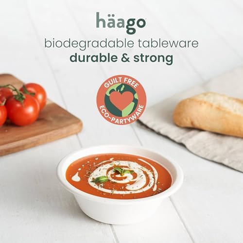 HAAGO 100 Extra Stabile Suppenschalen aus Zuckerrohr, 350ml / 12oz – Fett- & Auslaufsichere Pappschüsseln – Kompostierbar & Biologisch Abbaubar – Einwegschalen für Suppe, Curry, Dessert