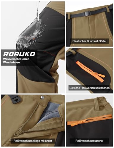 Rdruko Skihose Herren Wasserdicht Winter Softshellhose Winddicht Wanderhose Warme Winterhose Thermo Gefüttert Snowboardhose Trekkinghose mit Taschen (Khaki, XL)