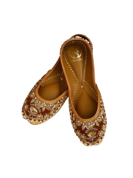 Nazneen Pearl Jutti for Women, Handcrafted Golden Brown Zardozi Embroidered Ethnic Footwear with Sequins, Leather-image-40