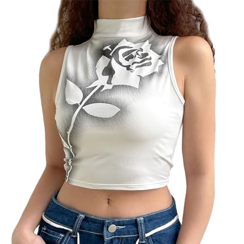 EMOTTOS Tank Top Sexy Rosa Mujer- Top Corto Estampado y sin Mangas de Moda para Mujeres o Chicas Adolescentes, Chaleco de Baile elástico para Fiestas en Clubes o Camiseta（White-L）