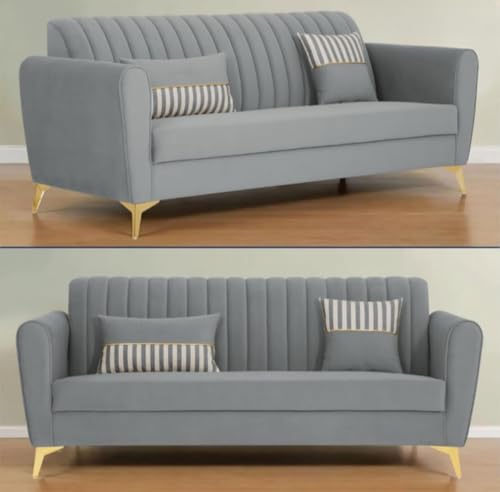 Image of MS Luxury FURNITRE Premium Luster 3-1-1 Sofa Set | Velvet Suede Fabric | 5 Colors and Golden Legs & Striped Pattern Cushion (Grey, 3+1+1)